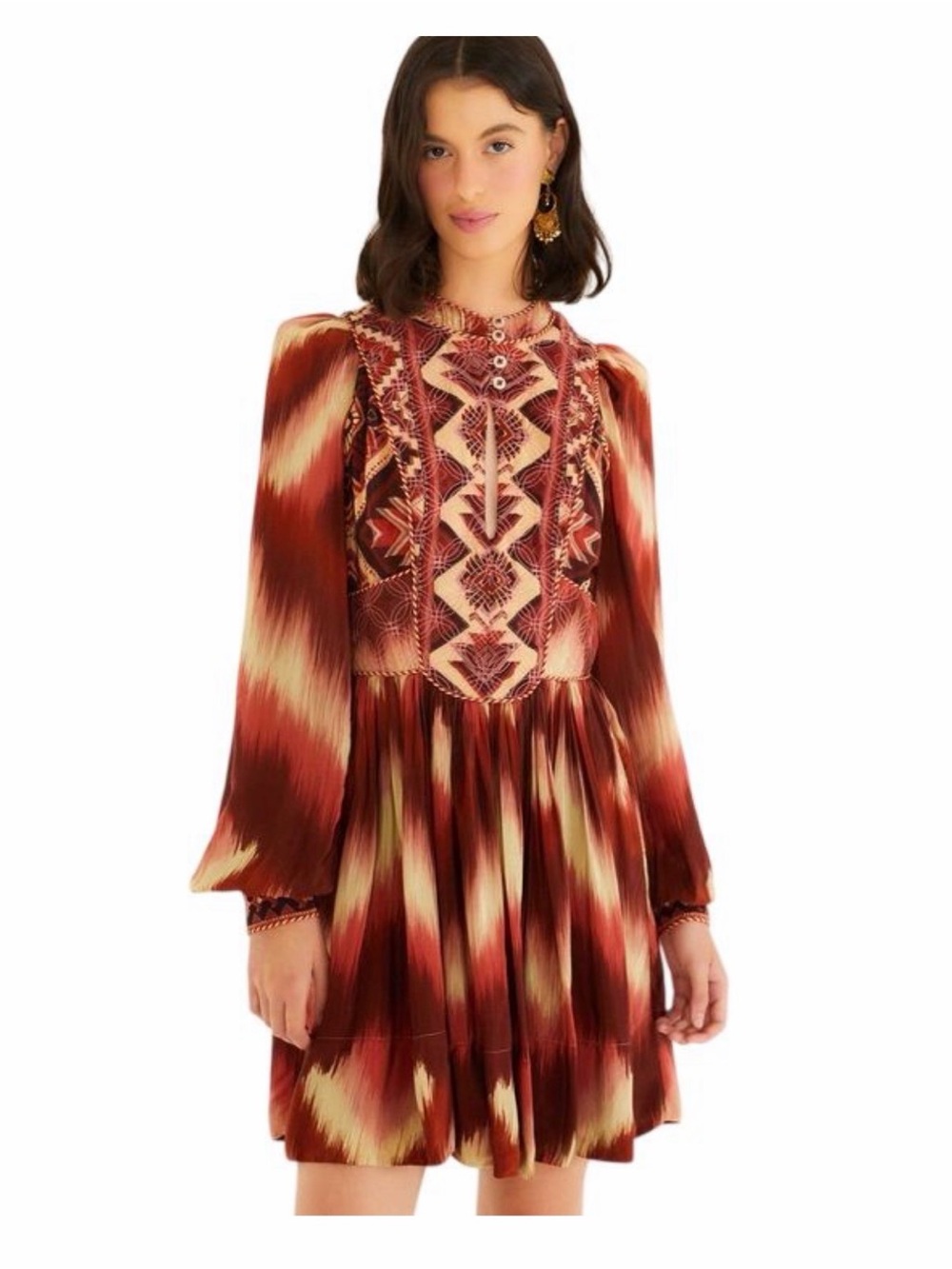 FARM Rio Red and Cream Ikat Long-Sleeve Mini Dress